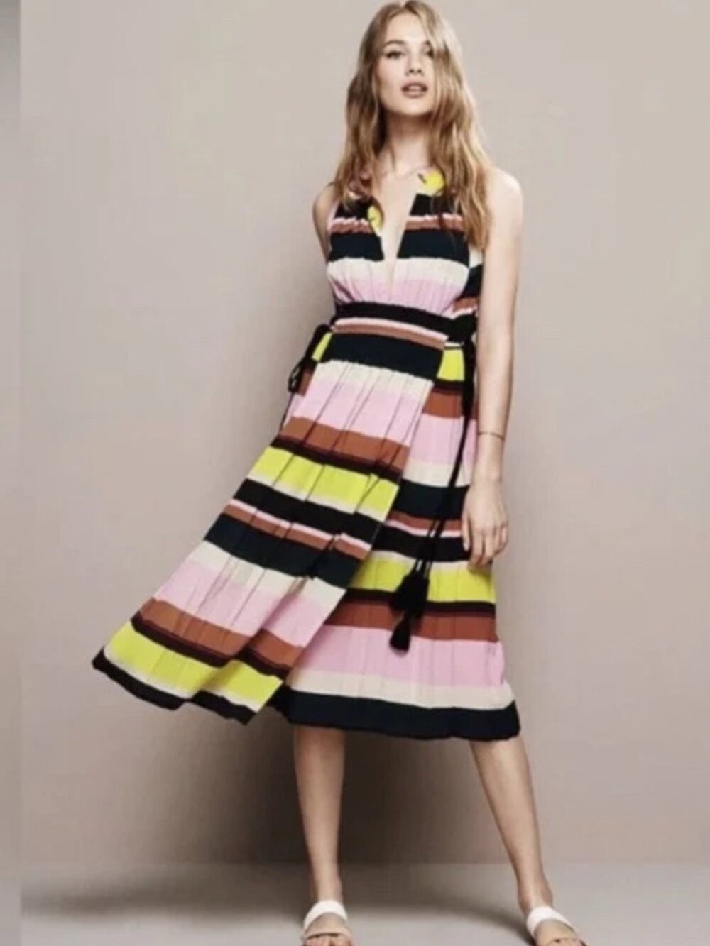 Apiece Apart LaRosa Silk Stripe Midi Dress in Bright Lights Size 6
